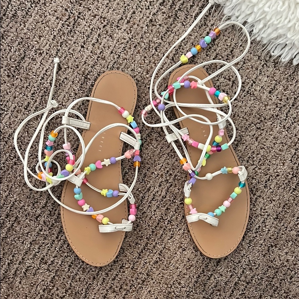 Colorful Beaded Sandals with White Straps